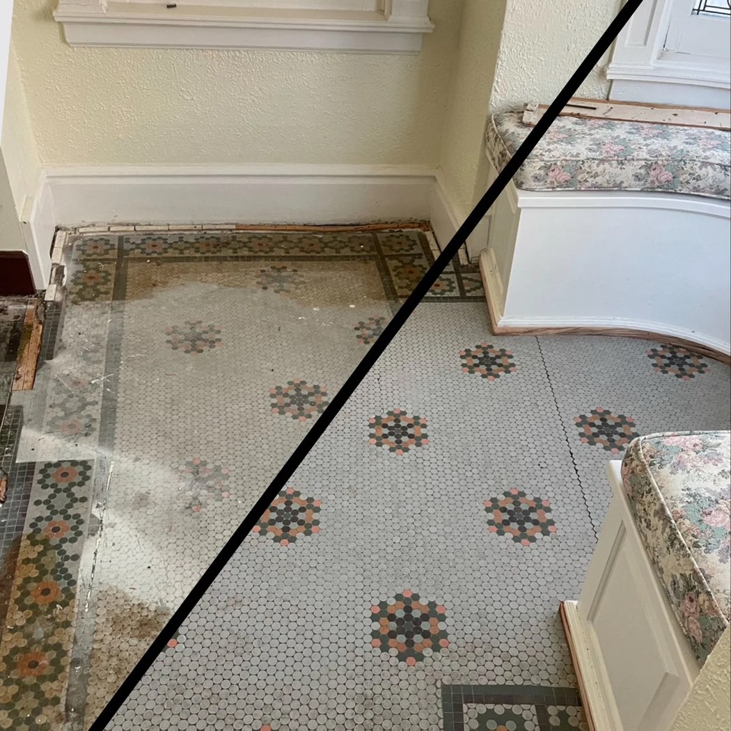 Before and after of a vintage hexagonal tile floor